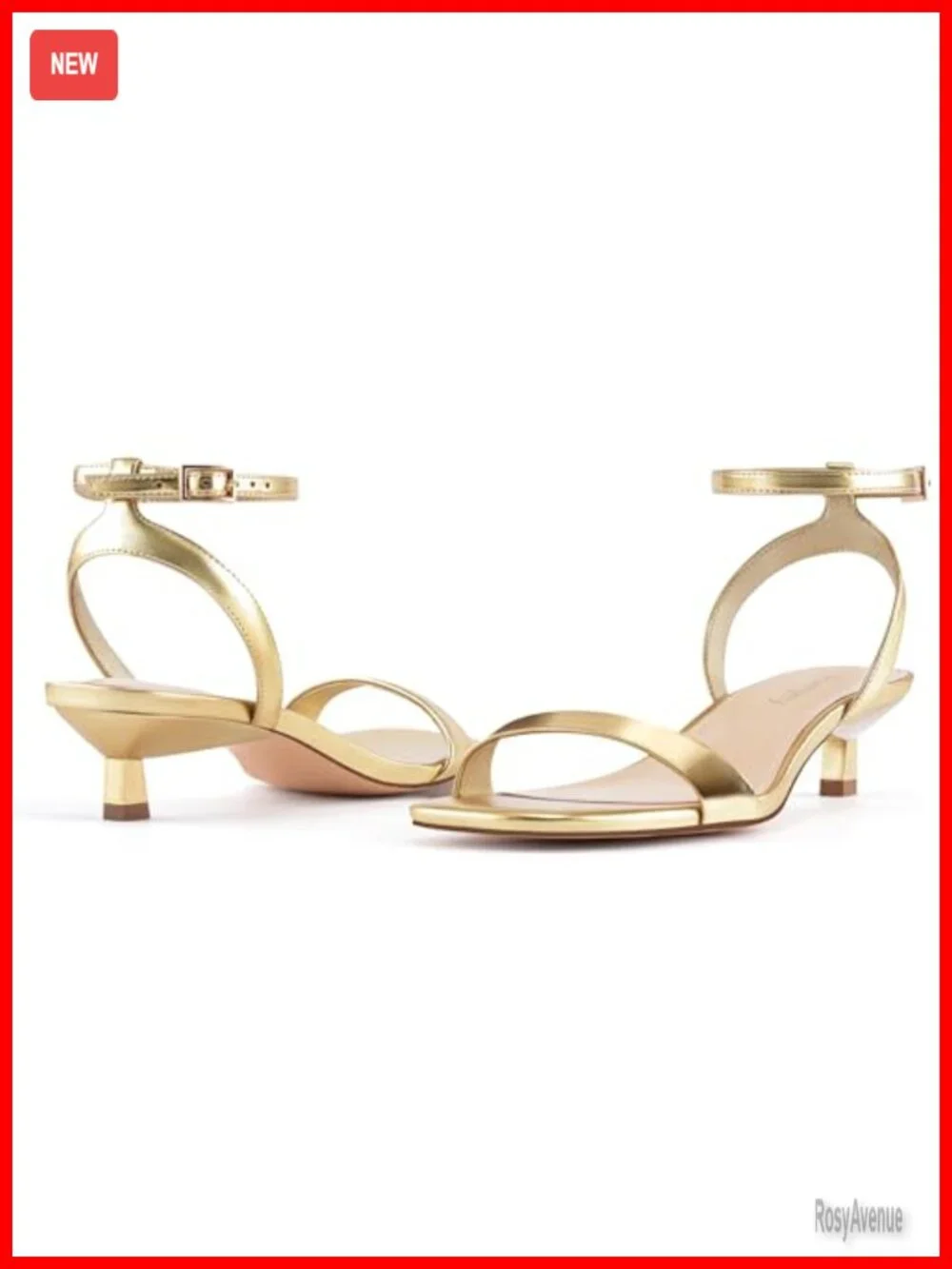 Gold Kitten Heeled Sandals Square Open Toe Ankle Strap Sandals